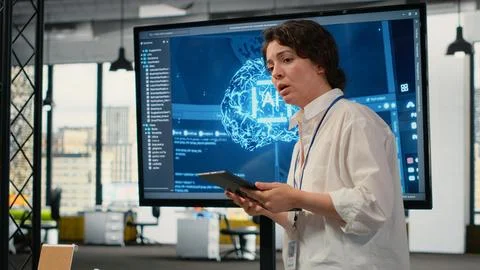 Tech startup office CTO doing presentation on machine learning to investors Foto stock