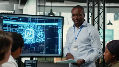 Tech startup office manager doing presentation on neural network technology Stock Footage 323144232