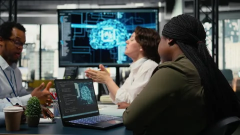 Tech startup office programmers doing business meeting about neural network tech Stock Footage 323029296