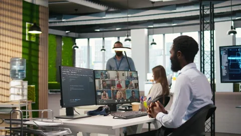 Tech startup office team collaborating via videocall, doing brainstorming Stock Footage 313017558
