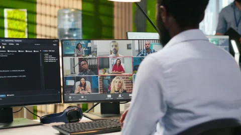 Tech startup office team collaborating via videocall, doing brainstorming Stock Footage 313164589