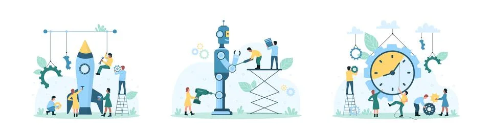 Tech startup set, tiny people building rocket and robot together to launch new Stock Illustration