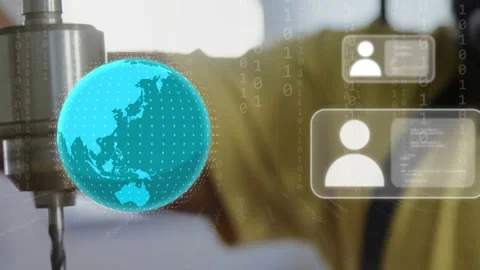 Tech steadying plank guiding drill, bit contacting wood, globe UI overlaying Stock Footage 333790250