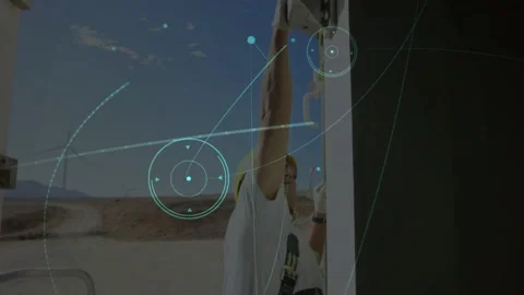 Tech on step reaching, securing cable into mount for wind repair as HUD overlays Stock Footage 332523084