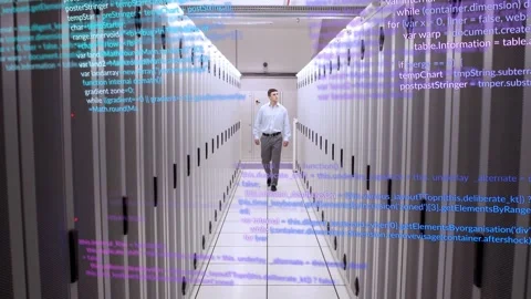 Tech stepping forward walking server aisle inspecting racks with code overlay Stock Footage 332685821