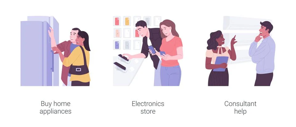 Tech store isolated cartoon vector illustrations set. Stock Illustration