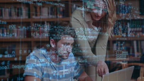 Tech student stopping typing after instructor pointing code overlay for Stock Footage 310663119