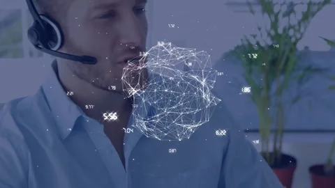 Tech support agent typing and displaying network sphere then donning headset and Stock Footage 317660185