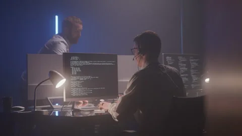 Tech Support Agents Working in a Dark Office Stock Footage 208766472