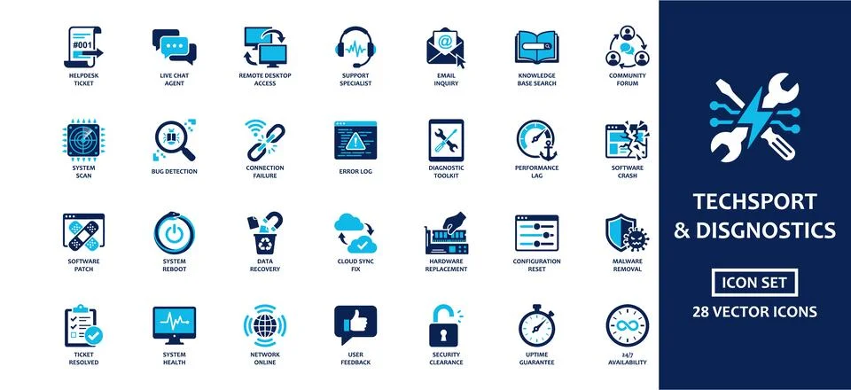 Tech Support and Diagnostics solid icon set featuring Helpdesk Ticket, Remo.. 스톡 일러스트