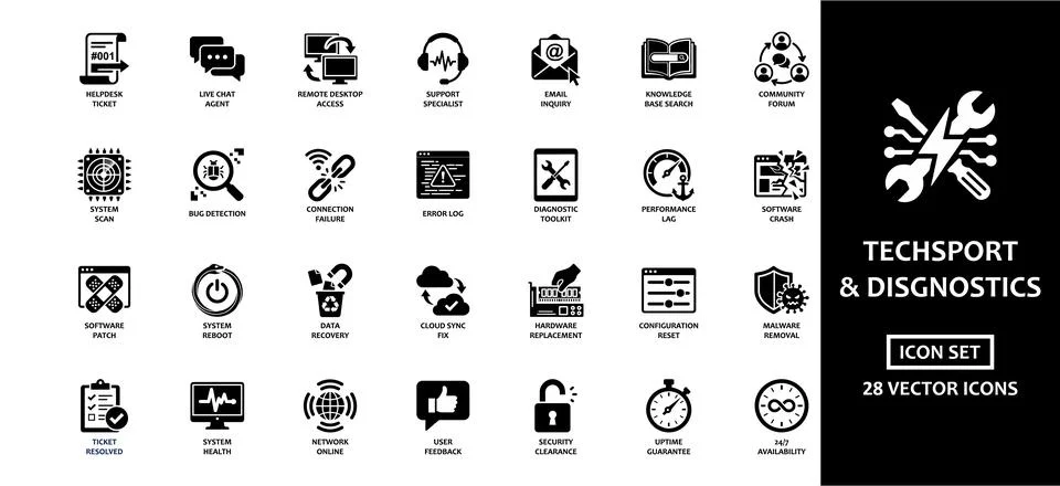 Tech support and IT diagnostics solid icon set. Includes symbols for helpde.. Stock Illustration