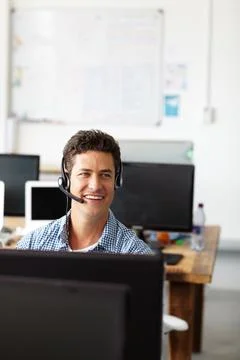 Tech support, computer and man with phone call, headset and consultant in Stock Photos