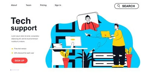Tech support concept for landing page template. Operator in headset consult.. 스톡 일러스트