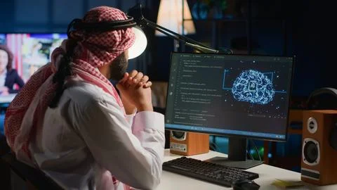 Tech support freelancer writes AI code Stock Photos