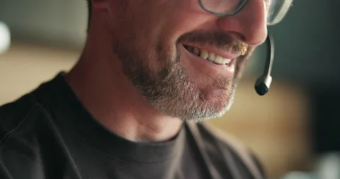 Tech support, mouth and laugh with mic, home and talking with contact and help Stock Footage 321324682