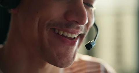 Tech support, mouth and man with mic, home and discussion with contact or help Stock Footage 321358067