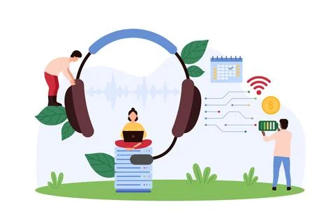 Tech support service, call center, solution to solve problem of customer by tiny Illustrazione stock