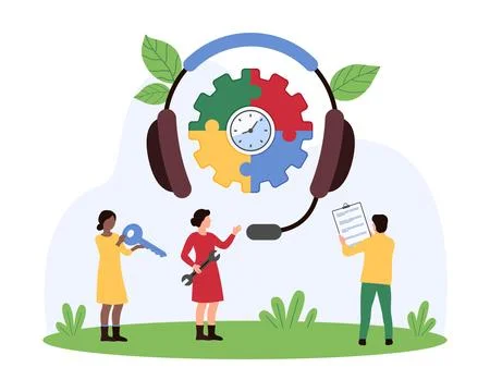 Tech support service, call center and hotline with technicians, big headphones Stock Illustration