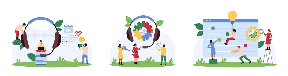 Tech support service, control panel set, tiny people move sliders, work with Stock Illustration