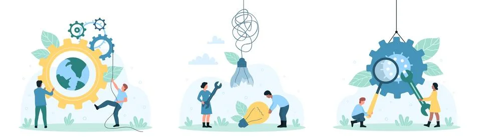 Tech support service set, tiny people repair broken light bulb and gears, fix Illustrazione stock