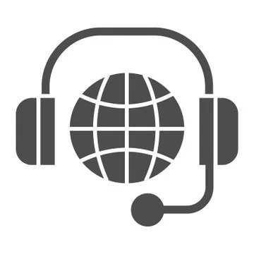 Tech support solid icon. Headphones and globe glyph style pictogram on white Stock Illustration
