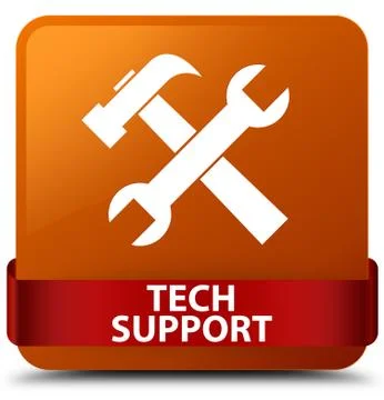Tech support (tools icon) brown square button red ribbon in middle Stock Illustration