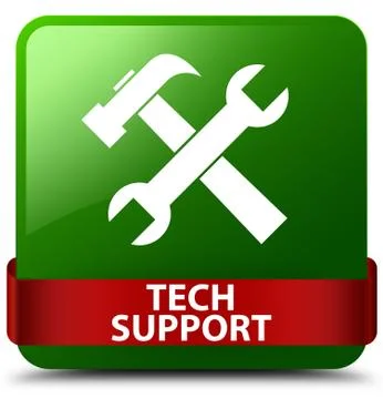 Tech support (tools icon) green square button red ribbon in middle Stock Illustration