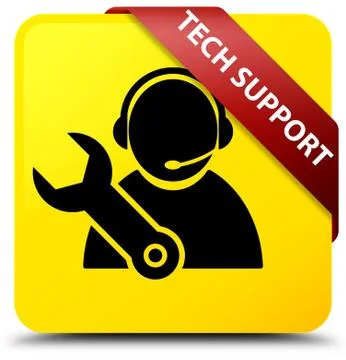 Tech support yellow square button red ribbon in corner Stock Illustration