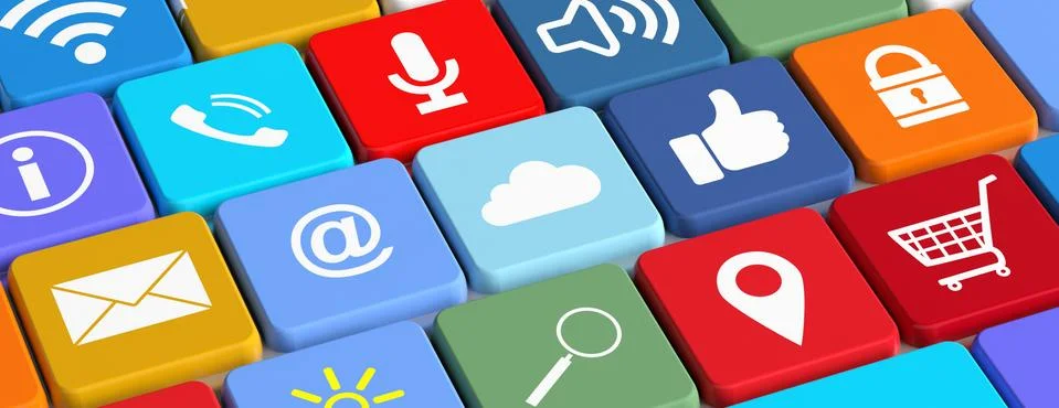Tech symbols computer key buttons. WiFi, shopping cart, thumb up, email, sear イラスト素材