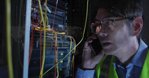 Tech taking phone call, leaning into rack, checking network cables, dotted Stock Footage 331429402