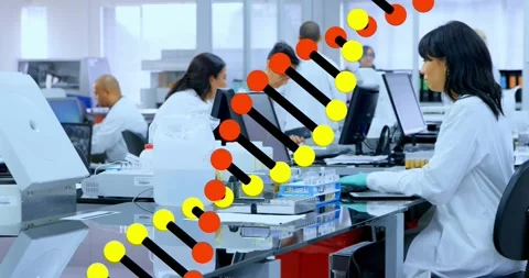 Tech tapping screen causing DNA helix sliding over bench showing tech handling Stock Footage 331832900