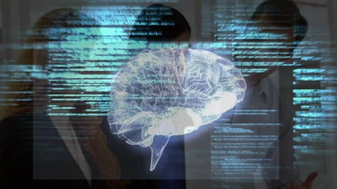 Tech team activating screen and studying rotating brain hologram streaming code Stock Footage 311084445