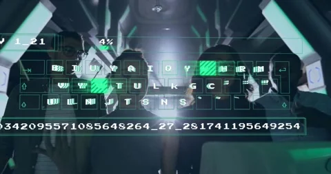 Tech team collaborating approaching console activating keyboard overlay and Stock Footage 317370118