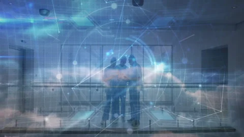 Tech team collaborating in modern office, interacting with holographic data Stock Footage 307466239