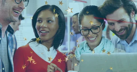 Tech team gathering around laptop in office, overlaying floating code lines and Stock Footage 309098151