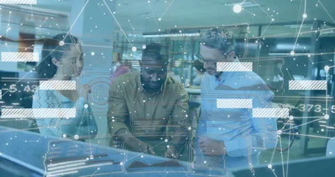 Tech team gathering at desk greeting tapping touchscreen discussing data Stock Footage 312360665