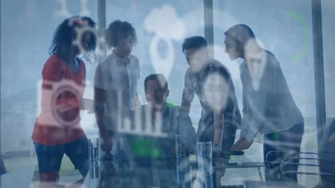 Tech team gathering at laptop, operator tapping causing cloud, chart icons Stock Footage 330894225