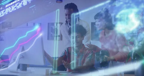 Tech team gathering at screen reviewing code editing UI with stylus and syncing Stock Footage 315532635