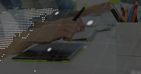 Tech team hands using stylus and typing, initiating dot map and code overlay Stock Footage 331126027