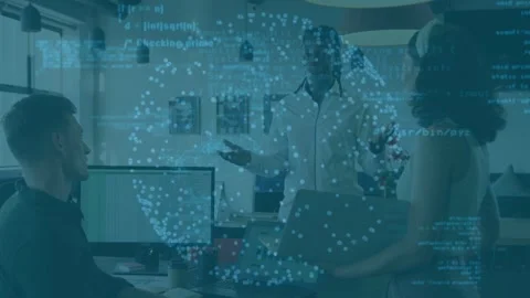 Tech team, lead starting demo reviewing data, gesturing while data sphere Stock Footage 333425574