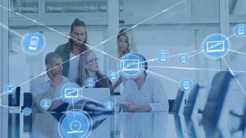 Tech team leaning to laptop, tablet, central blue icon activating device web for Stock Footage 333719878