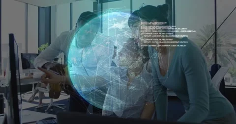 Tech team leaning as mouse moving activating globe showing code man picking Stock Footage 327643682