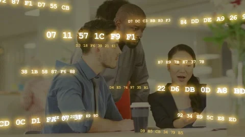 Tech team leaning over laptop while woman pointing tablet, analyzing code with Stock Footage 333351340