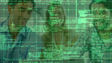 Tech team leaning toward laptop at table, animated green code overlay fading to Stock Footage 330509063