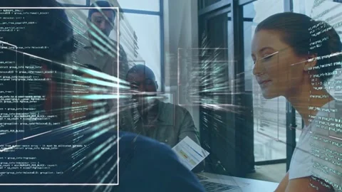 Tech team leaning toward laptop after colleague holding doc, analyzing code Video stock 335316796