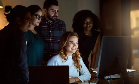 Tech, team or manager at night with advice, technical briefing or project s.. Stock Photos