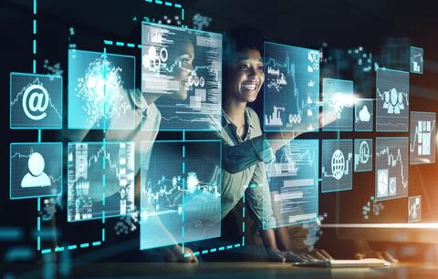 Tech team, overlay and trading on stock market with hologram, cloud computing Stock Photos