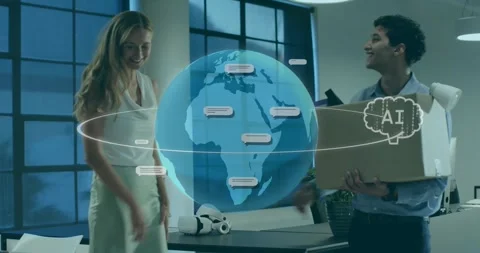 Tech team placing lamp and box at desk, woman touching holographic AI globe Stock Footage 318142161