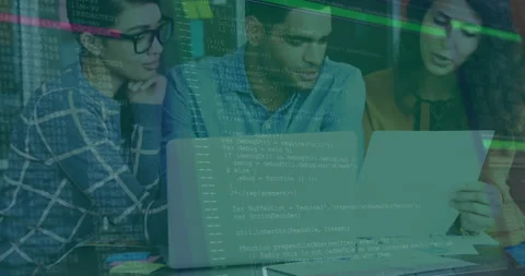 Tech team placing printed document initiating glitch artifacts and reviewing Stock Footage 312828869