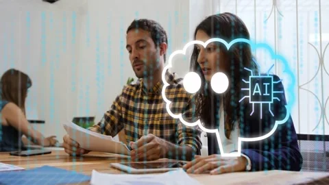 Tech team pointing at tablet for review, teal icon popping becoming AI cloud Stock Footage 333463210